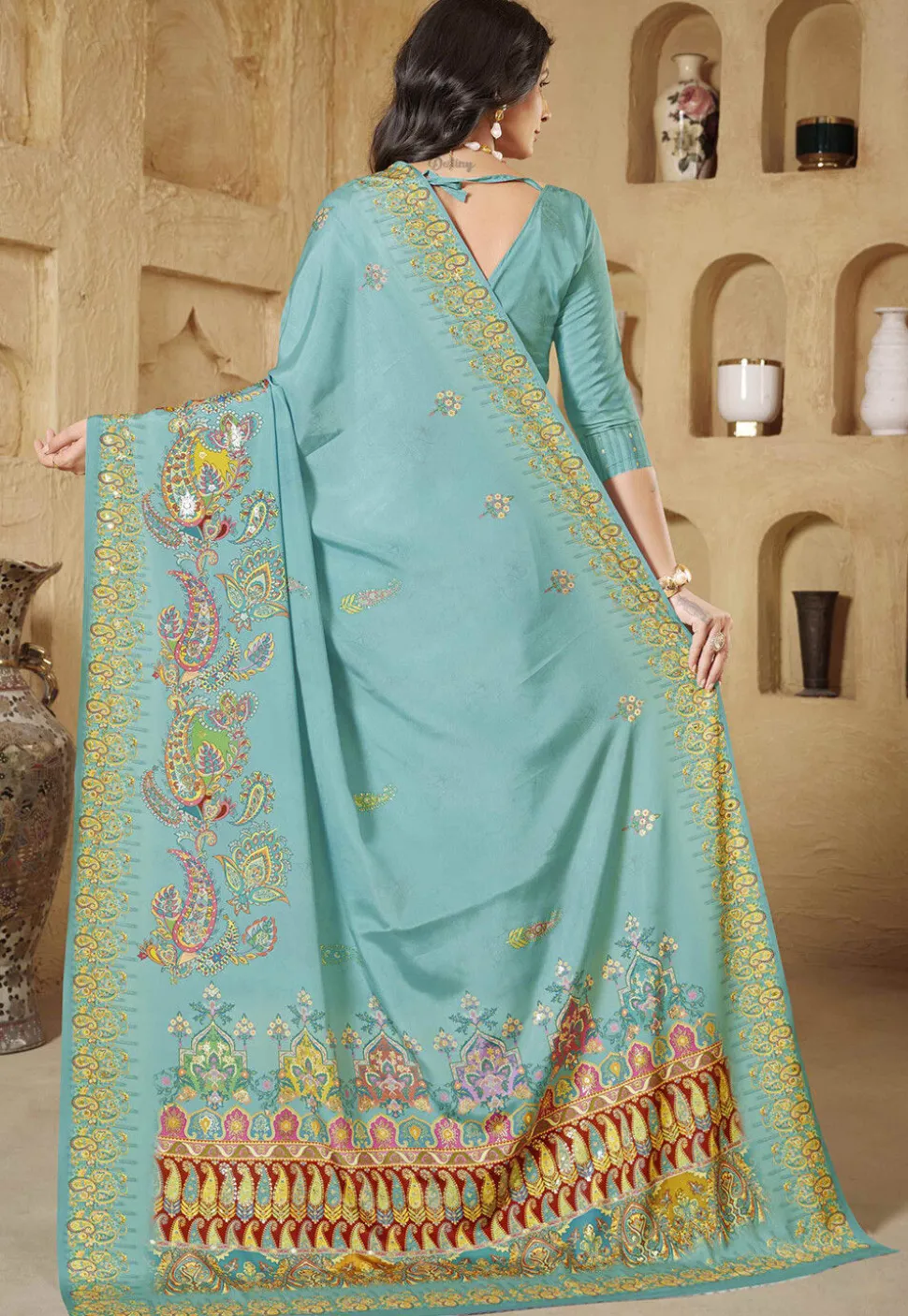 Digital Printed Crepe Silk Saree in Blue