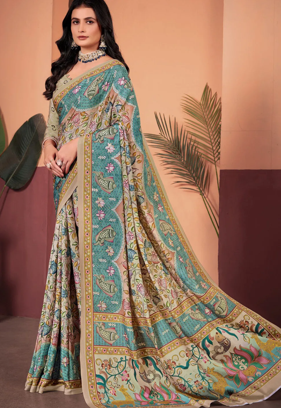 Digital Printed Crepe Silk Saree in Beige