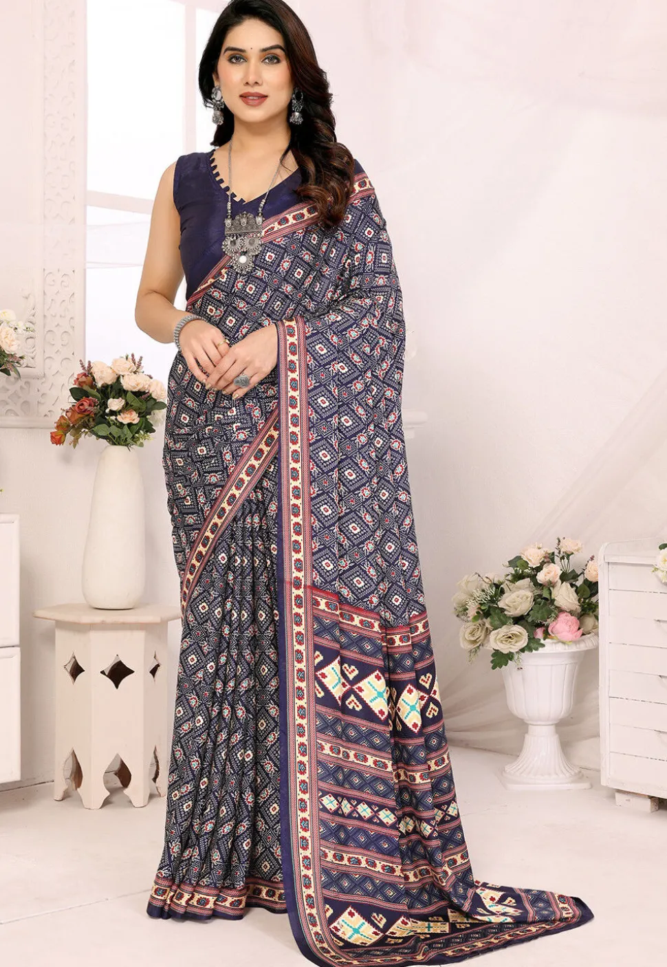 Digital Printed Crepe Silk Saree in Dark Blue
