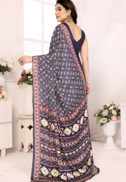 Digital Printed Crepe Silk Saree in Dark Blue