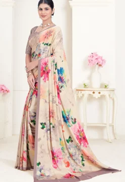 Digital Printed Crepe Silk Saree in Beige