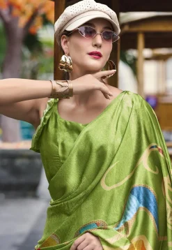 Digital Printed Crepe Silk Saree in Green