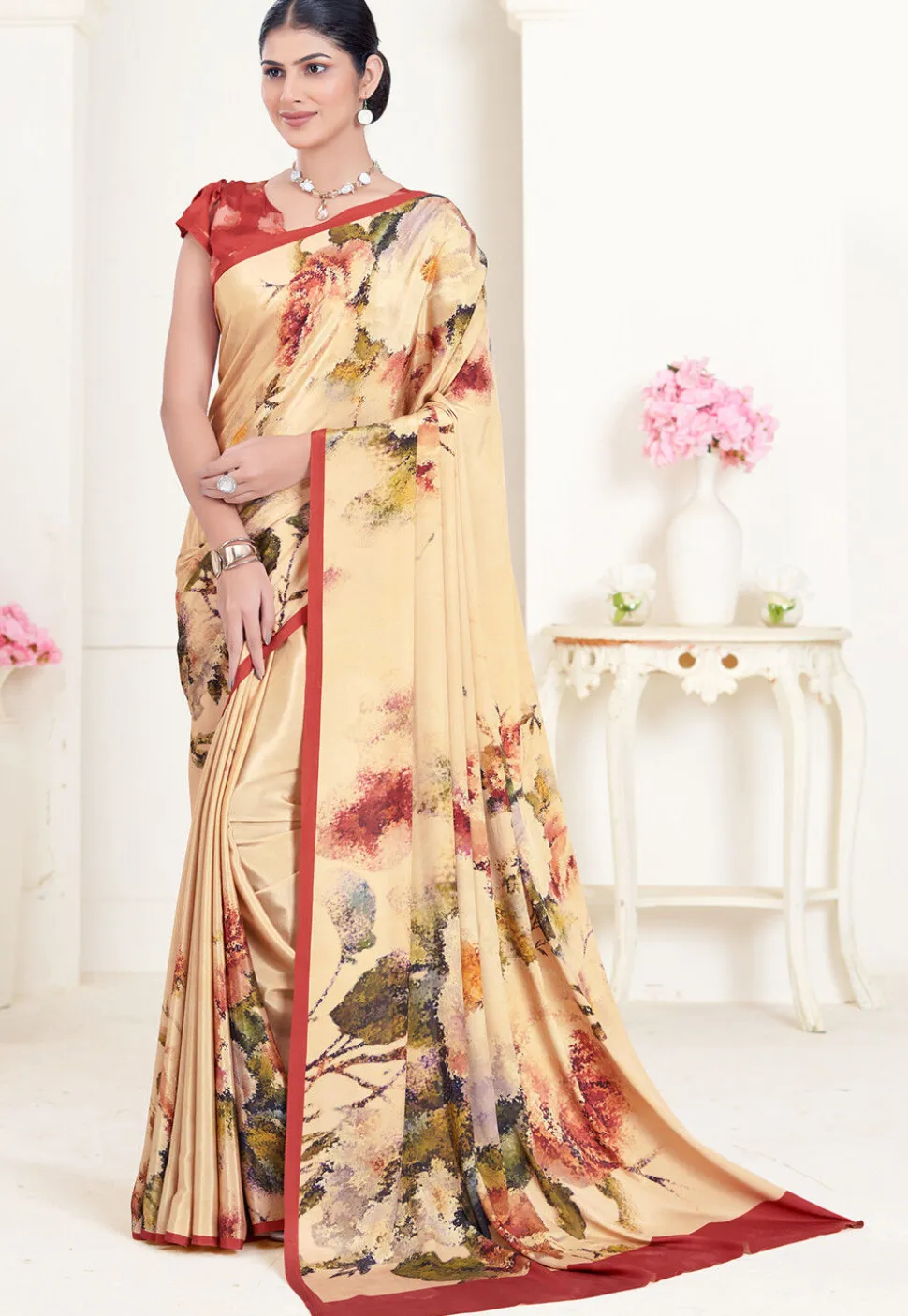Digital Printed Crepe Silk Saree in Cream