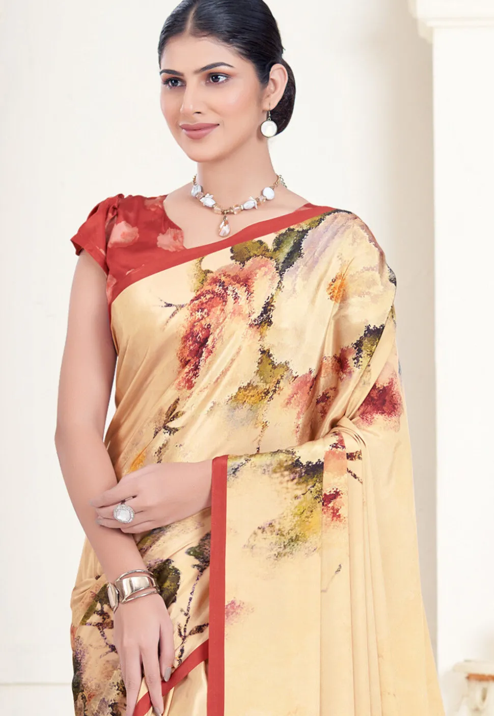 Digital Printed Crepe Silk Saree in Cream