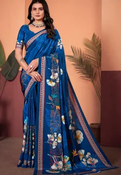 Digital Printed Crepe Silk Saree in Blue