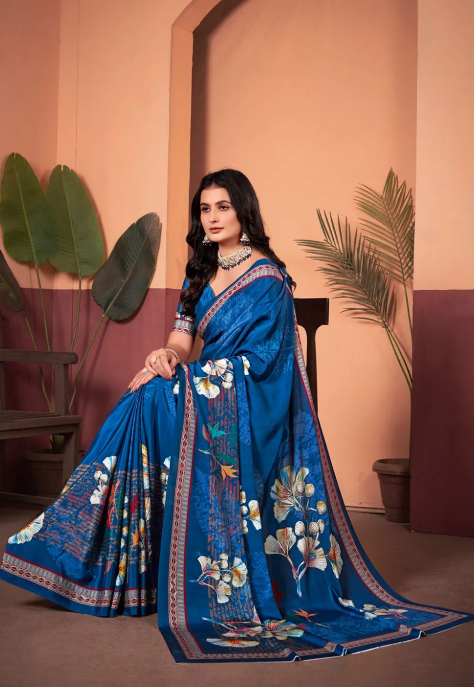 Digital Printed Crepe Silk Saree in Blue