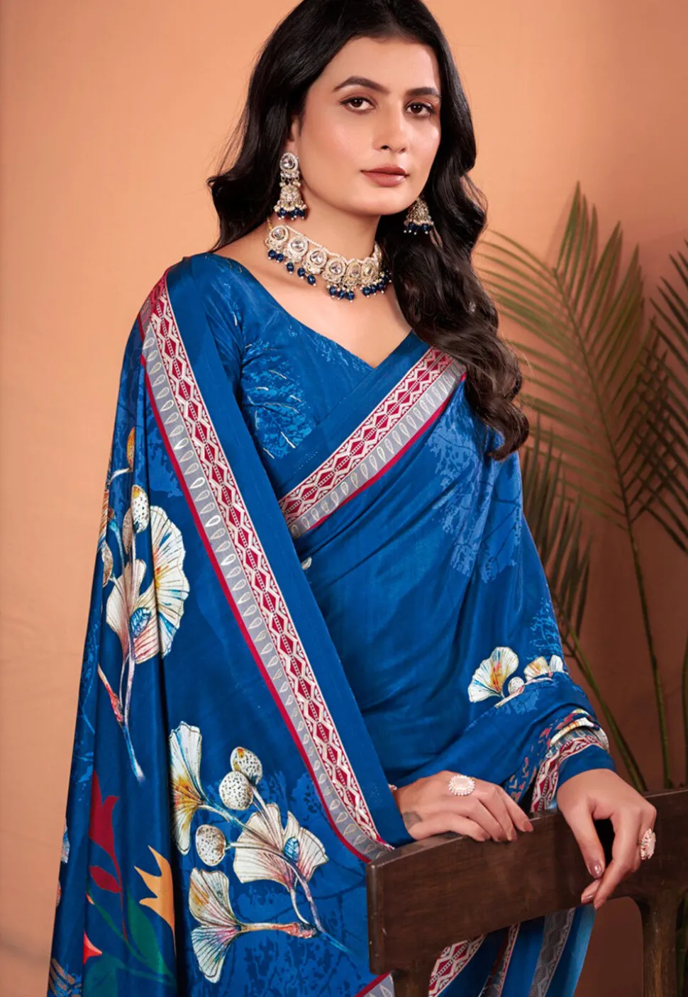 Digital Printed Crepe Silk Saree in Blue