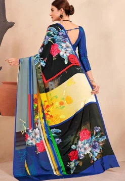 Digital Printed Crepe Silk Saree in Black and Multicolor