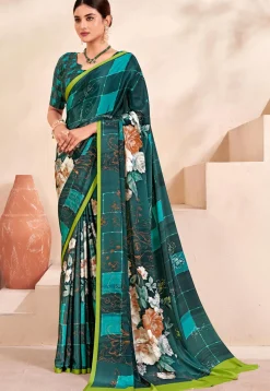 Digital Printed Crepe Silk Saree in Teal Green and Multicolor