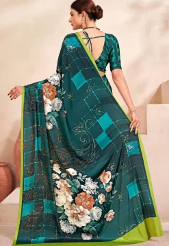 Digital Printed Crepe Silk Saree in Teal Green and Multicolor