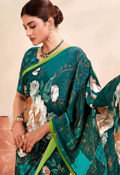 Digital Printed Crepe Silk Saree in Teal Green and Multicolor