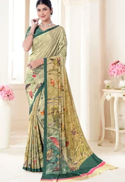 Digital Printed Crepe Silk Saree in Beige