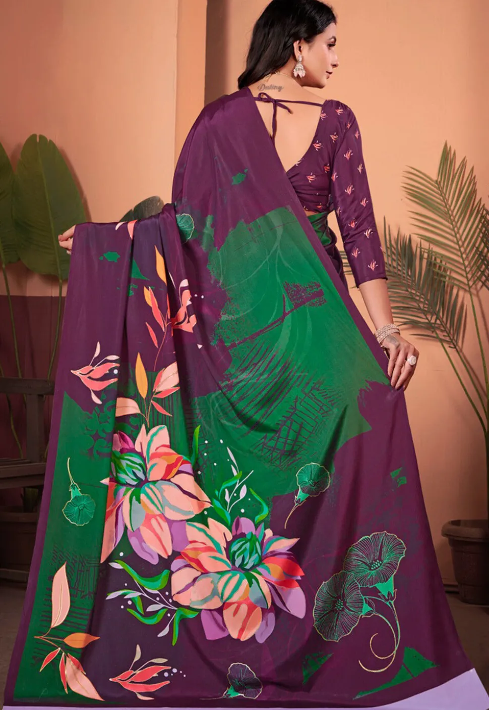 Digital Printed Crepe Silk Saree in Purple