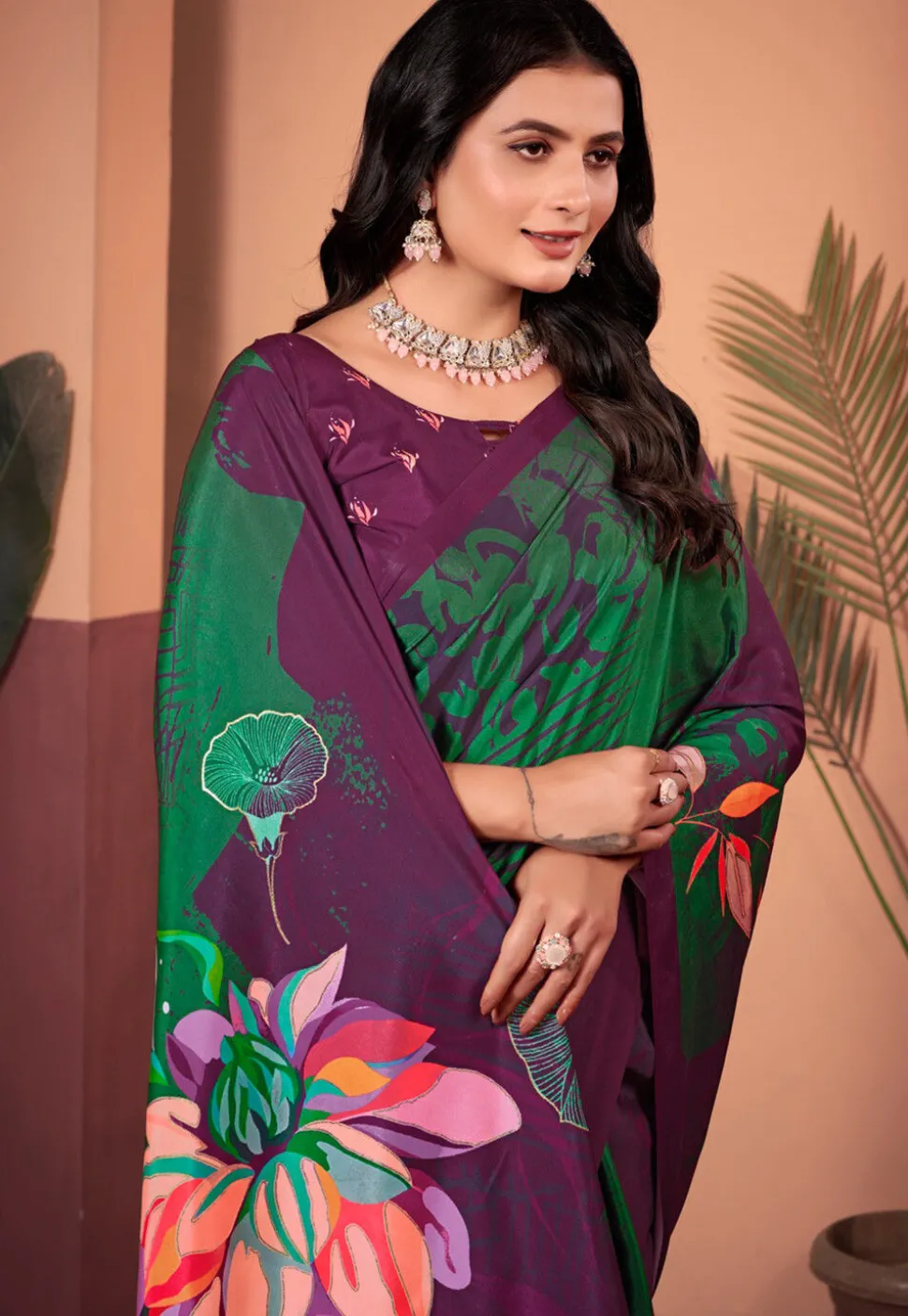 Digital Printed Crepe Silk Saree in Purple