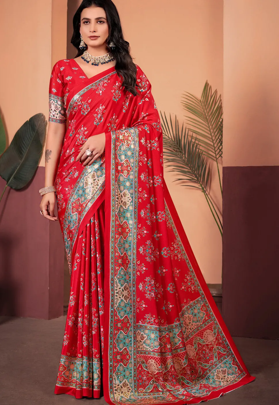 Digital Printed Crepe Silk Saree in Red