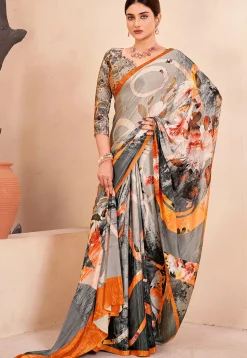Digital Printed Crepe Silk Saree in Grey and Multicolor