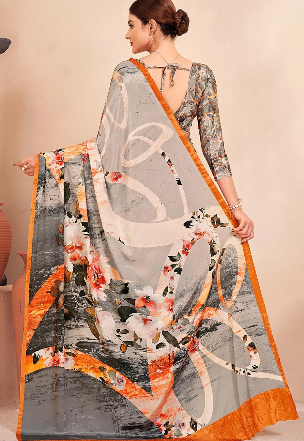 Digital Printed Crepe Silk Saree in Grey and Multicolor