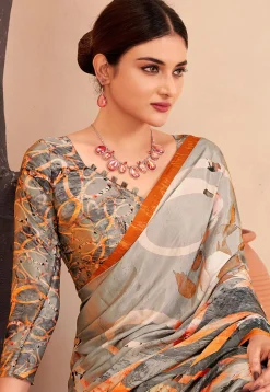 Digital Printed Crepe Silk Saree in Grey and Multicolor