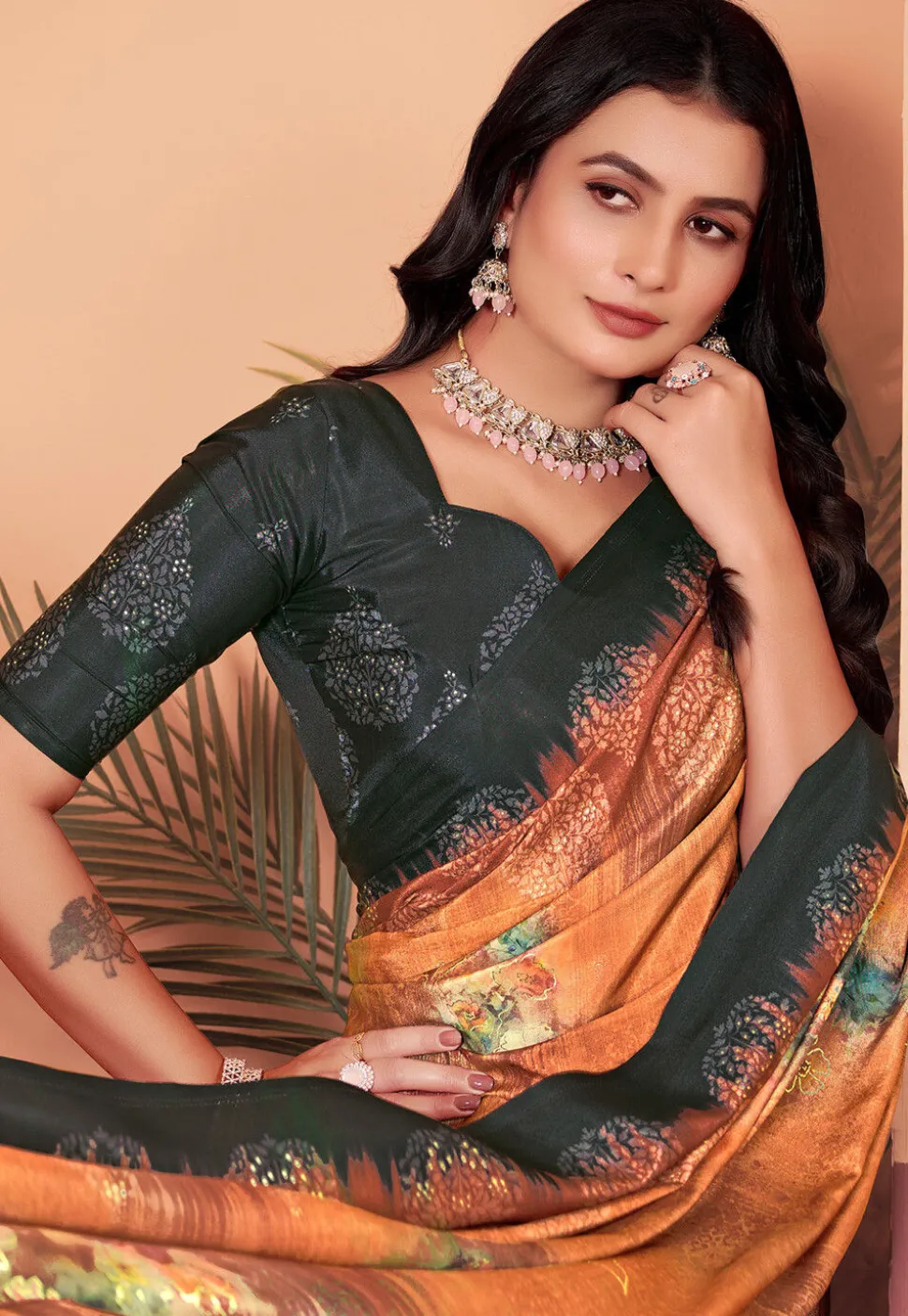 Digital Printed Crepe Silk Saree in Rust