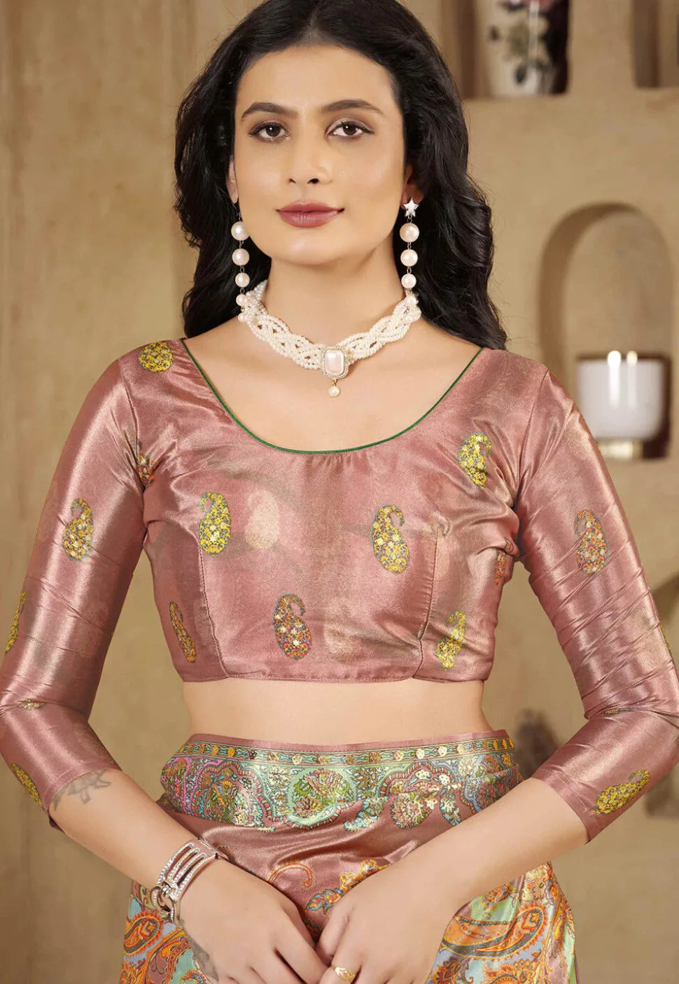 Digital Printed Crepe Silk Saree in Peach