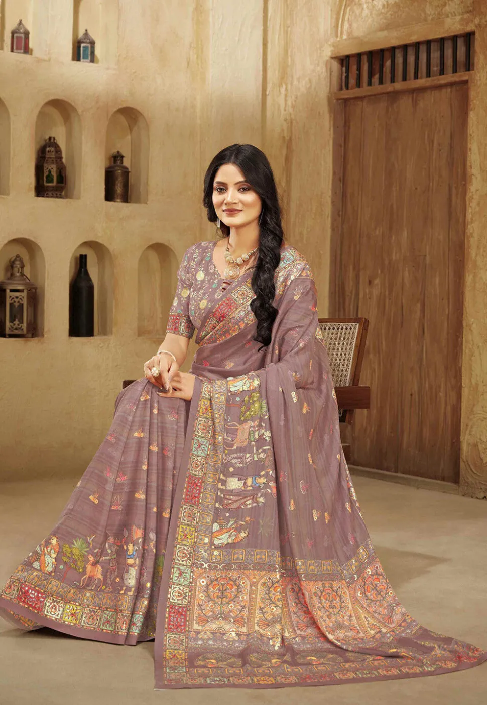 Digital Printed Crepe Silk Saree in Dusty Purple
