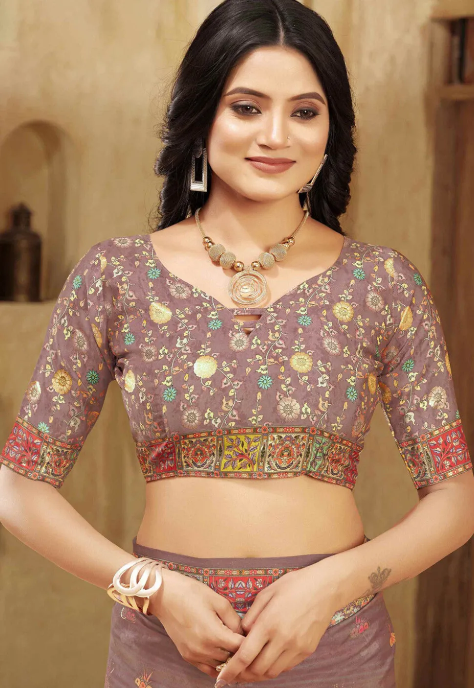 Digital Printed Crepe Silk Saree in Dusty Purple