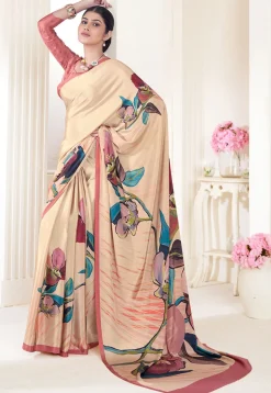 Digital Printed Crepe Silk Saree in Beige