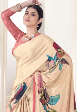 Digital Printed Crepe Silk Saree in Beige