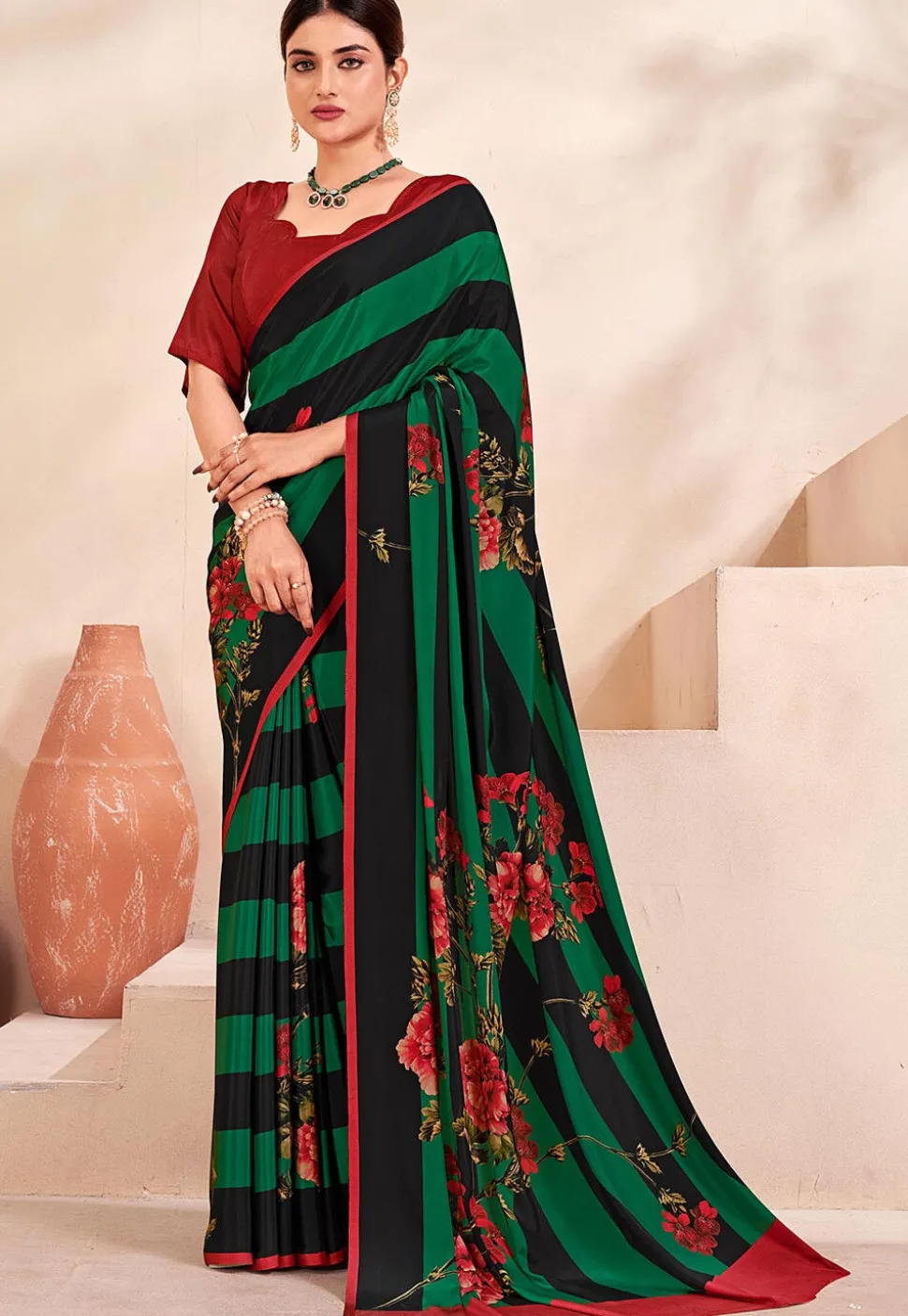 Digital Printed Crepe Silk Saree in Green and Black