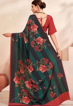 Digital Printed Crepe Silk Saree in Green and Black