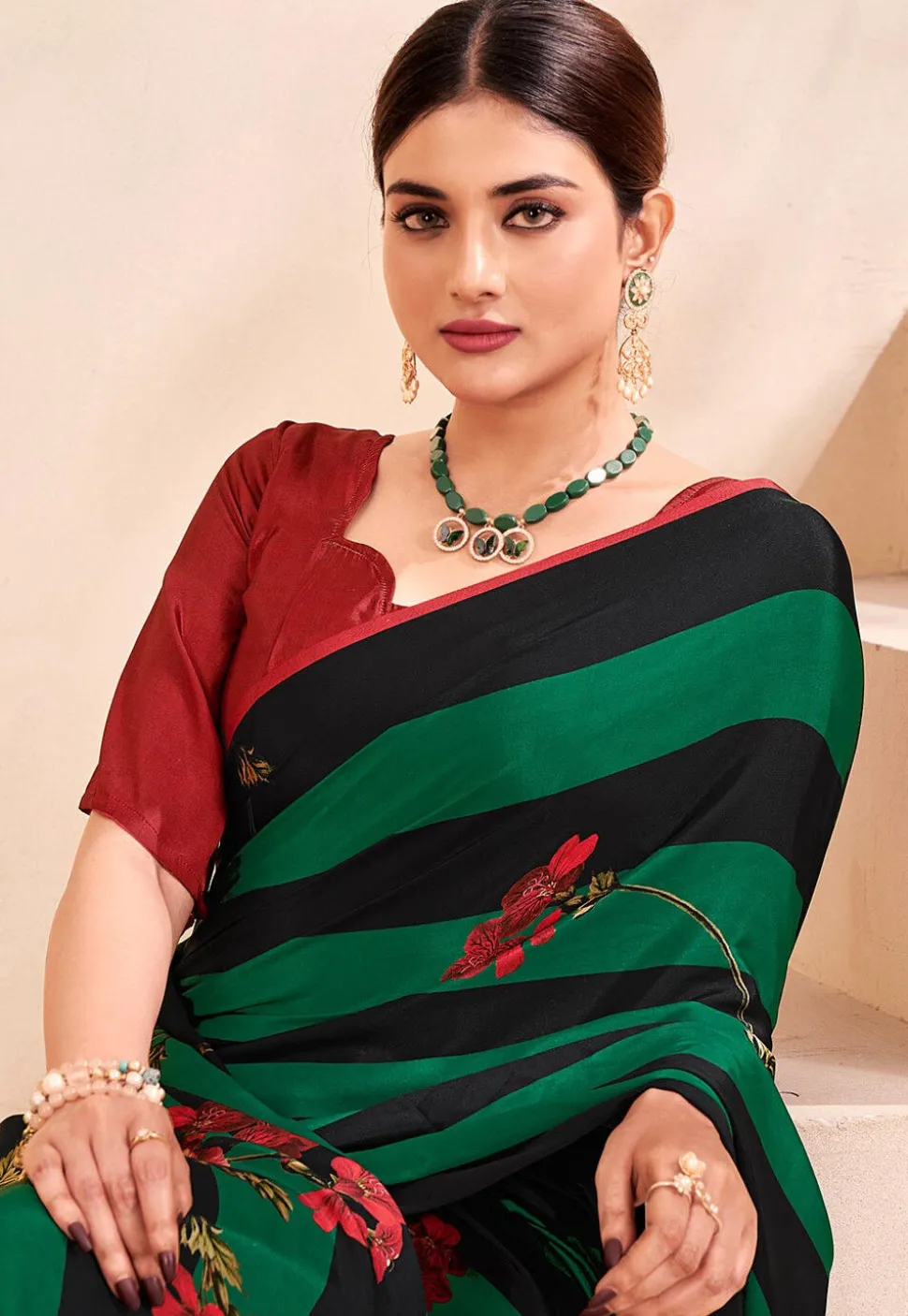 Digital Printed Crepe Silk Saree in Green and Black