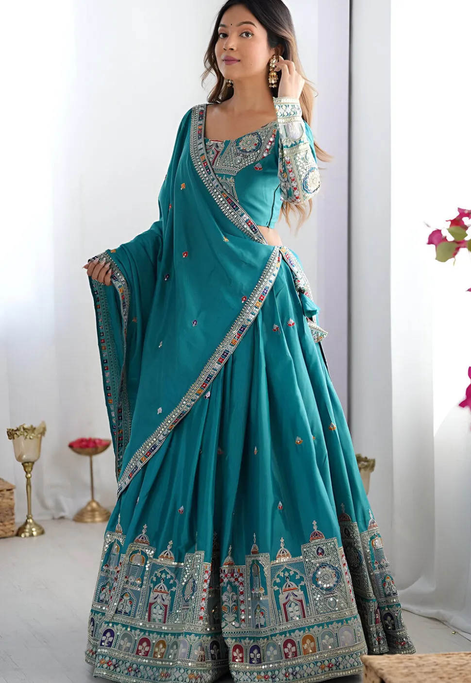 Digital Printed Crepe Silk Lehenga in Teal Blue