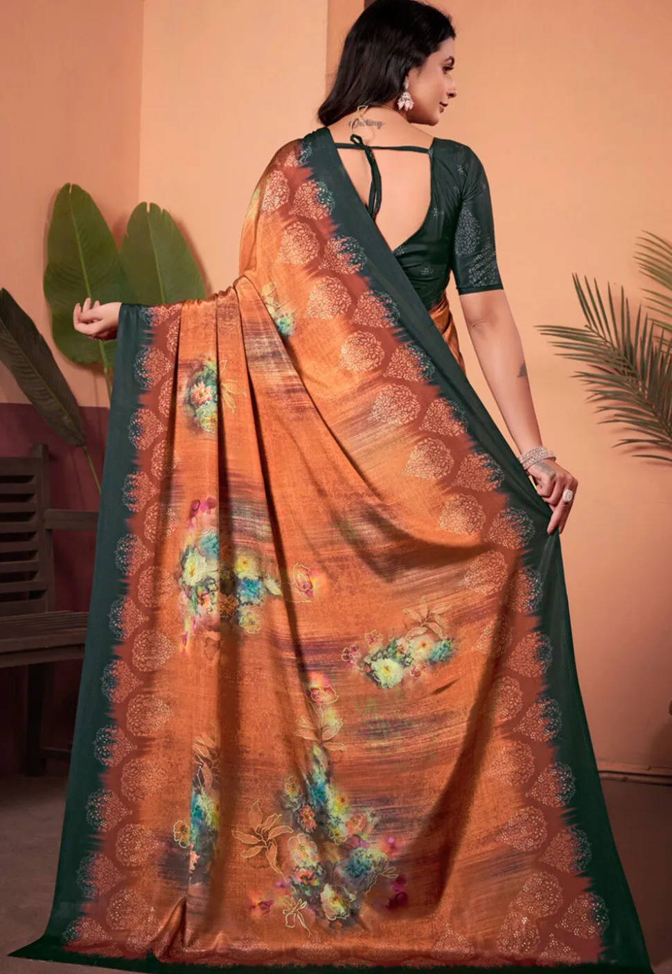 Digital Printed Crepe Silk Saree in Rust