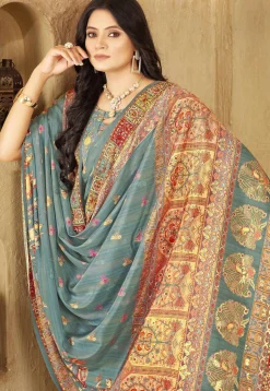 Digital Printed Crepe Silk Saree in Dusty Blue