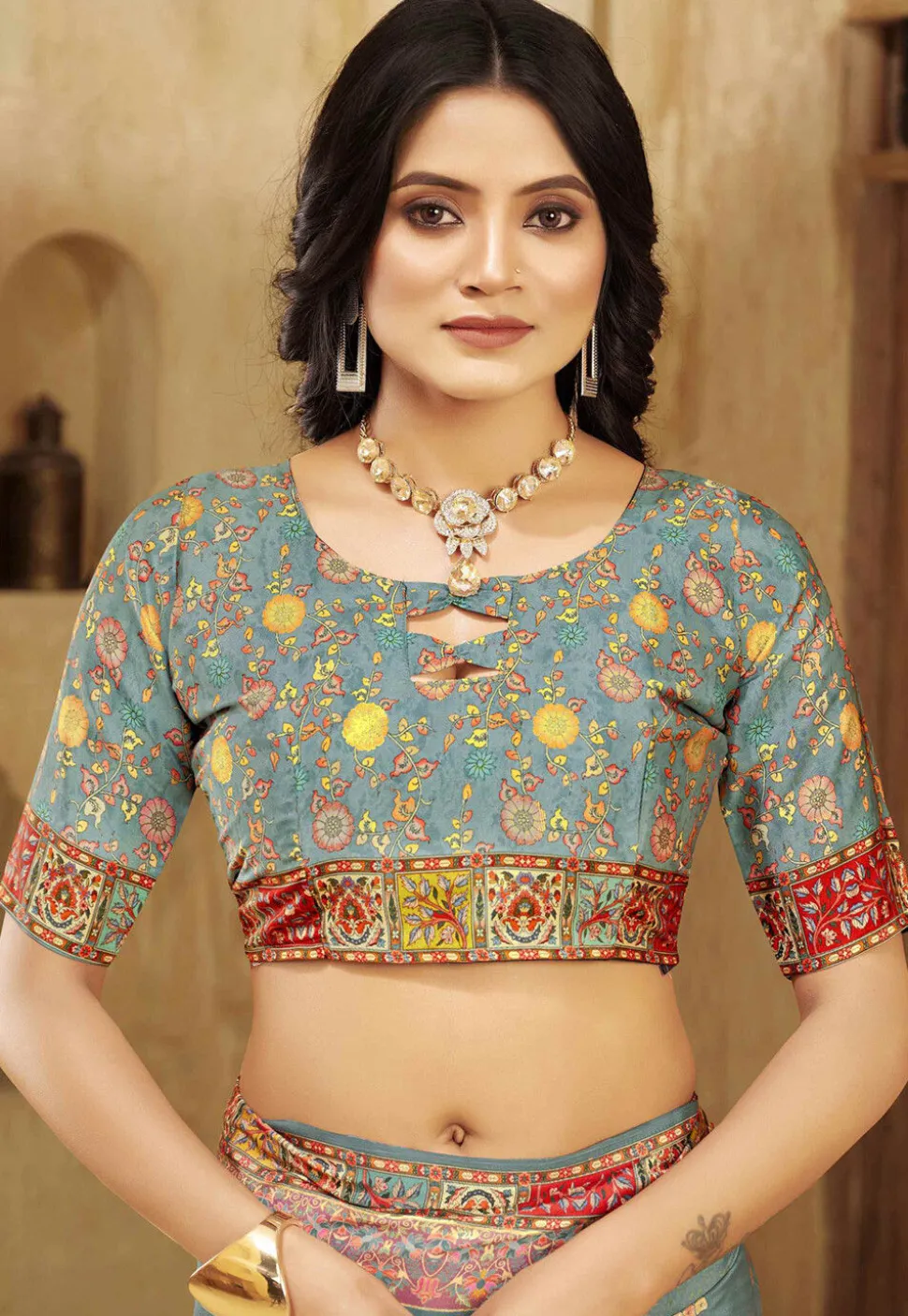 Digital Printed Crepe Silk Saree in Dusty Blue