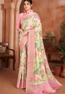 Digital Printed Crepe Silk Saree in Cream
