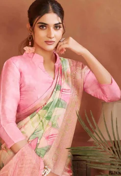 Digital Printed Crepe Silk Saree in Cream