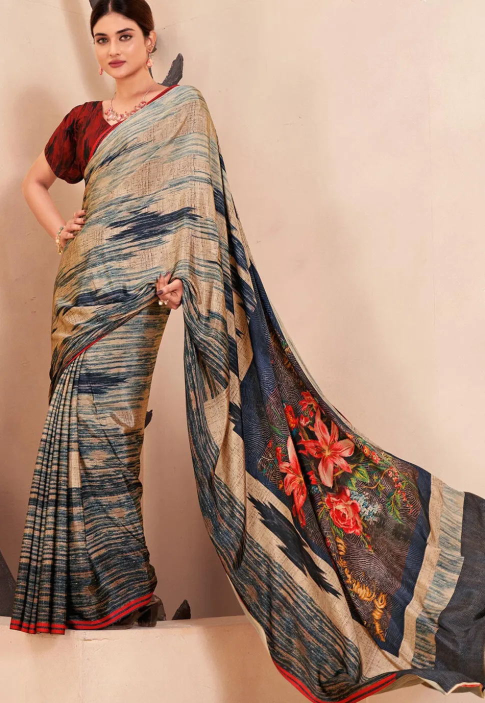 Digital Printed Crepe Silk Saree in Multicolor