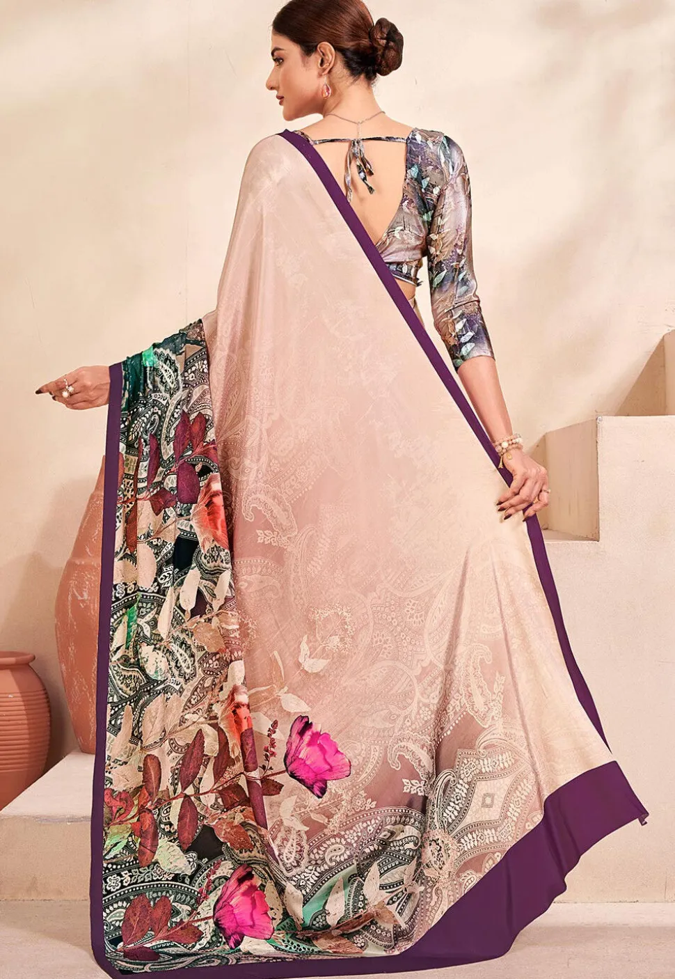 Digital Printed Crepe Silk Saree in Peach