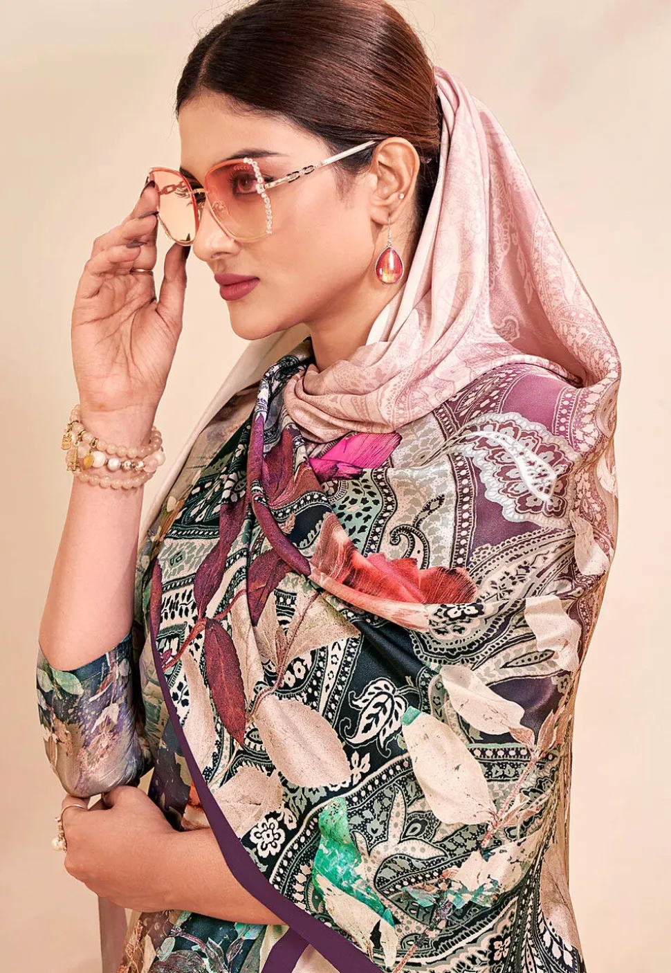 Digital Printed Crepe Silk Saree in Peach