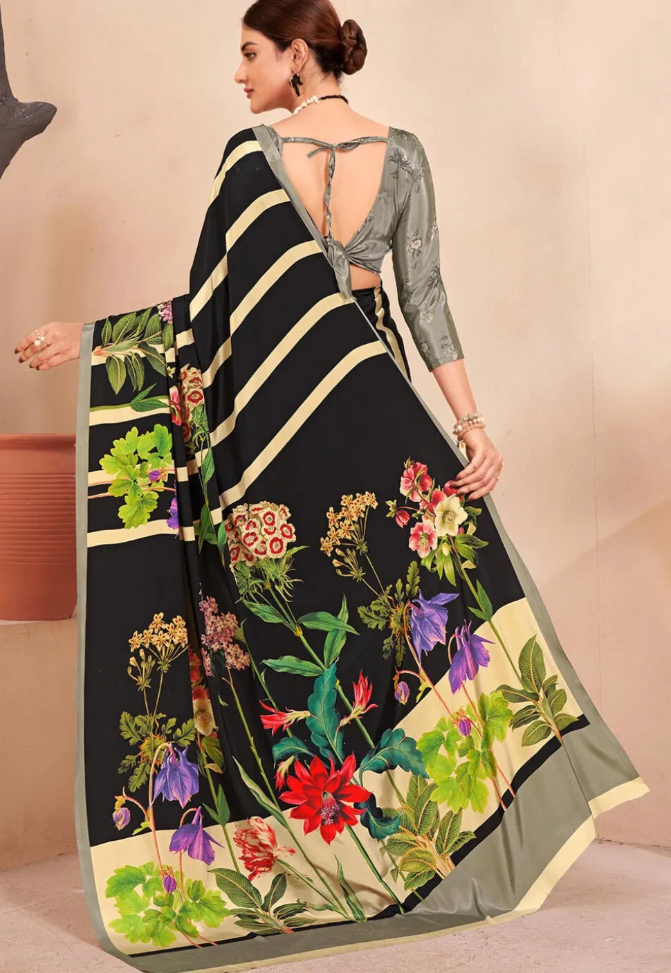 Digital Printed Crepe Silk Saree in Black and Multicolor