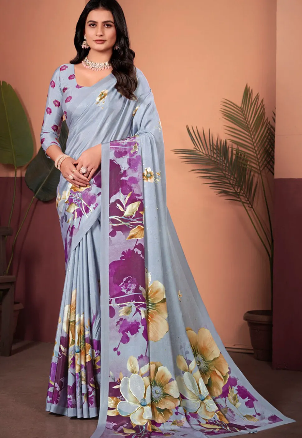 Digital Printed Crepe Silk Saree in Grey