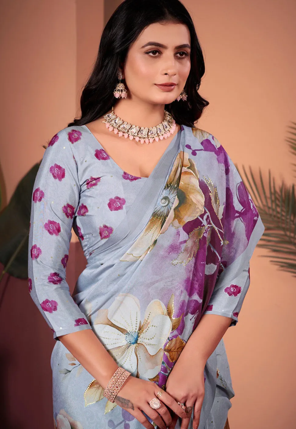 Digital Printed Crepe Silk Saree in Grey