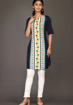 Digital Printed Crepe Straight Kurta in Navy Blue