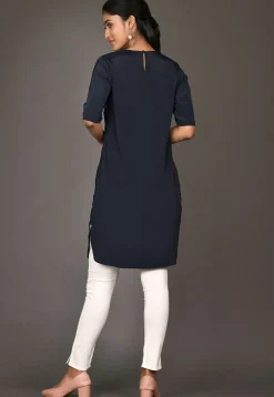 Digital Printed Crepe Straight Kurta in Navy Blue