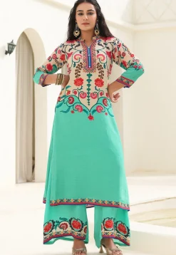 Digital Printed Crepe Straight Kurta Set in Cream and Sea Green