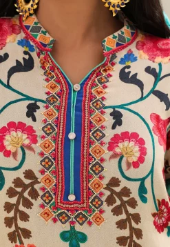 Digital Printed Crepe Straight Kurta Set in Cream and Sea Green