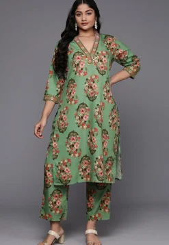 Digital Printed Crepe Straight Kurta Set in Green