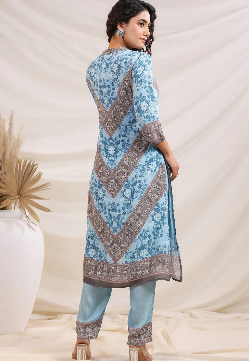 Digital Printed Crepe Straight Kurta Set in Sky Blue
