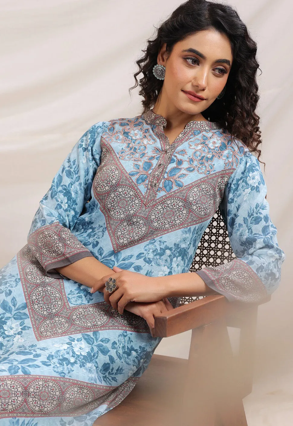 Digital Printed Crepe Straight Kurta Set in Sky Blue